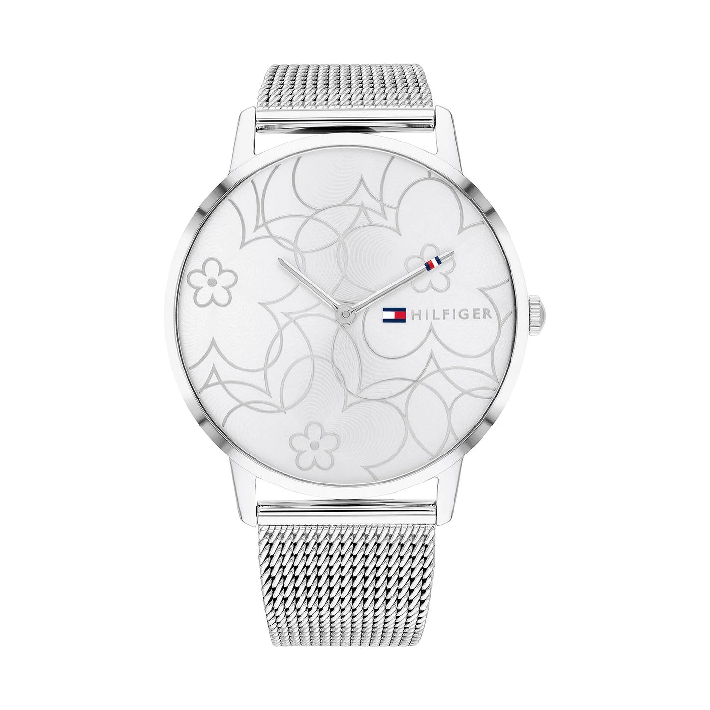 Relógio importado TOMMY HILFIGER feminino 40mm com pulseira de malha prateada e mostrador com detalhes florais
