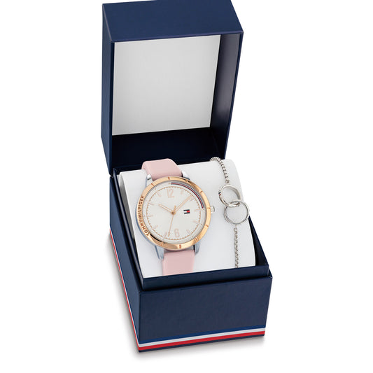 Kit presente com Relógio importado TOMMY HILFIGER feminino 38mm com pulseira de silicone rosa e caixa acabamento dourado e pulseira prateada