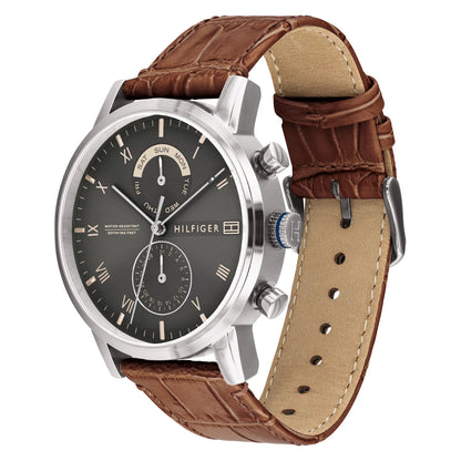 Relógio importado TOMMY HILFIGER masculino pulseira marrom caixa prateada 44mm