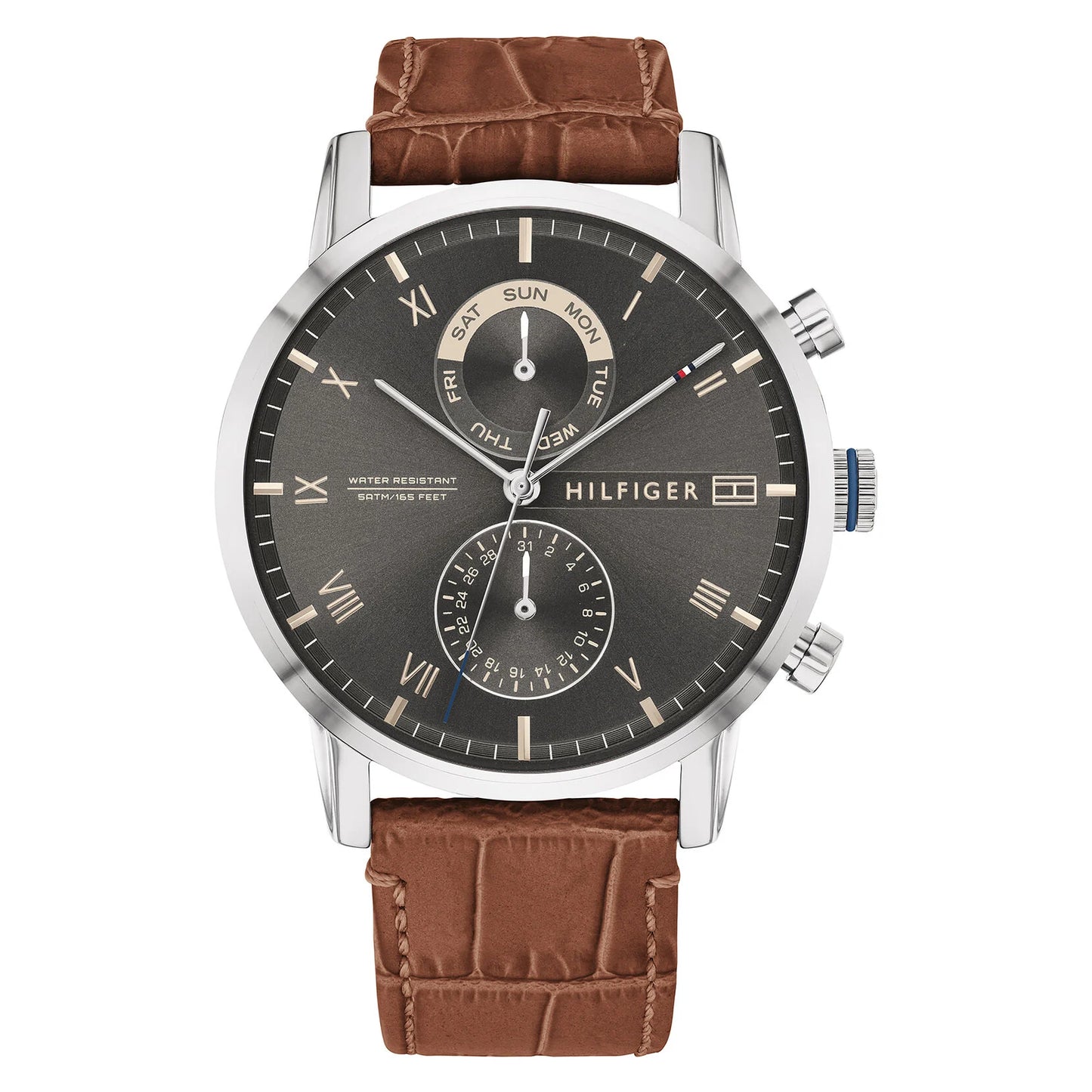 Relógio importado TOMMY HILFIGER masculino pulseira marrom caixa prateada 44mm