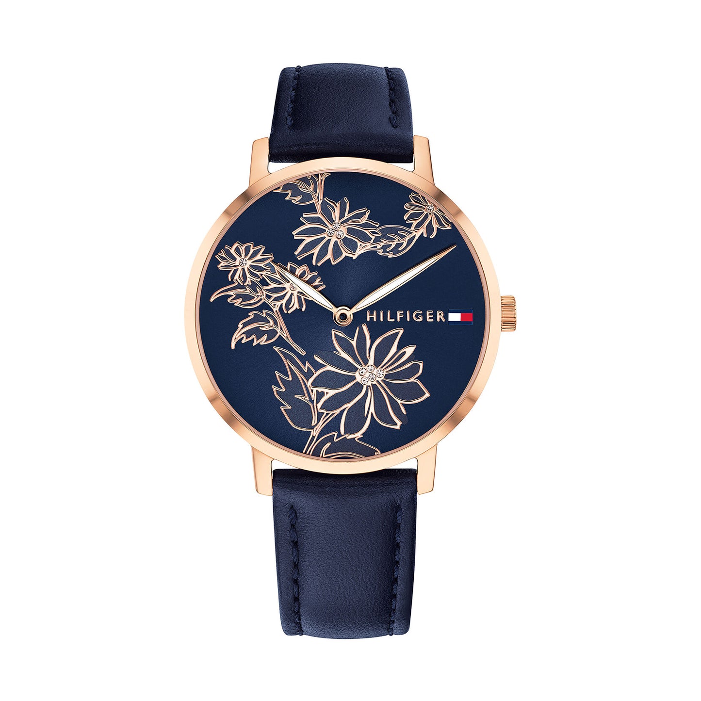 Relógio importado TOMMY HILFIGER feminino 35mm com pulseira de couro azul marinho e mostrador com detalhes florais