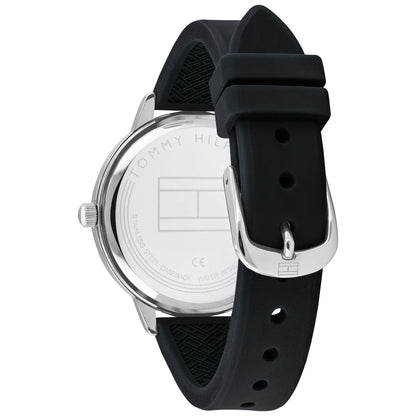 Relógio importado TOMMY HILFIGER feminino 38mm com pulseira de silicone preta e caixa acabamento dourado