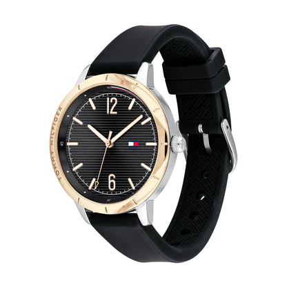 Relógio importado TOMMY HILFIGER feminino 38mm com pulseira de silicone preta e caixa acabamento dourado