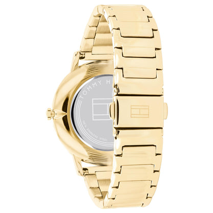 Relógio importado TOMMY HILFIGER feminino 40mm com pulseira de malha dourada e mostrador com detalhes florais