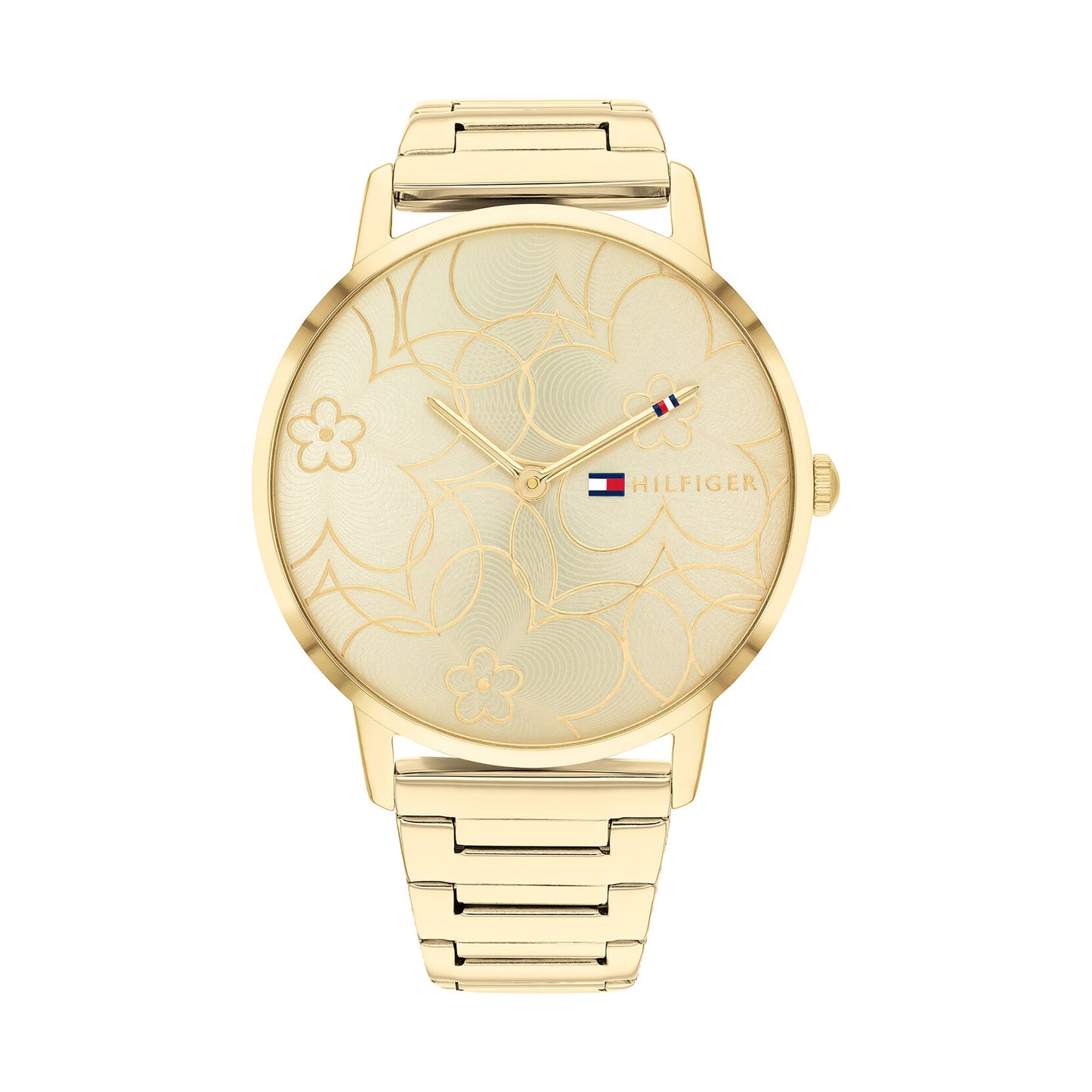 Relógio importado TOMMY HILFIGER feminino 40mm com pulseira de malha dourada e mostrador com detalhes florais