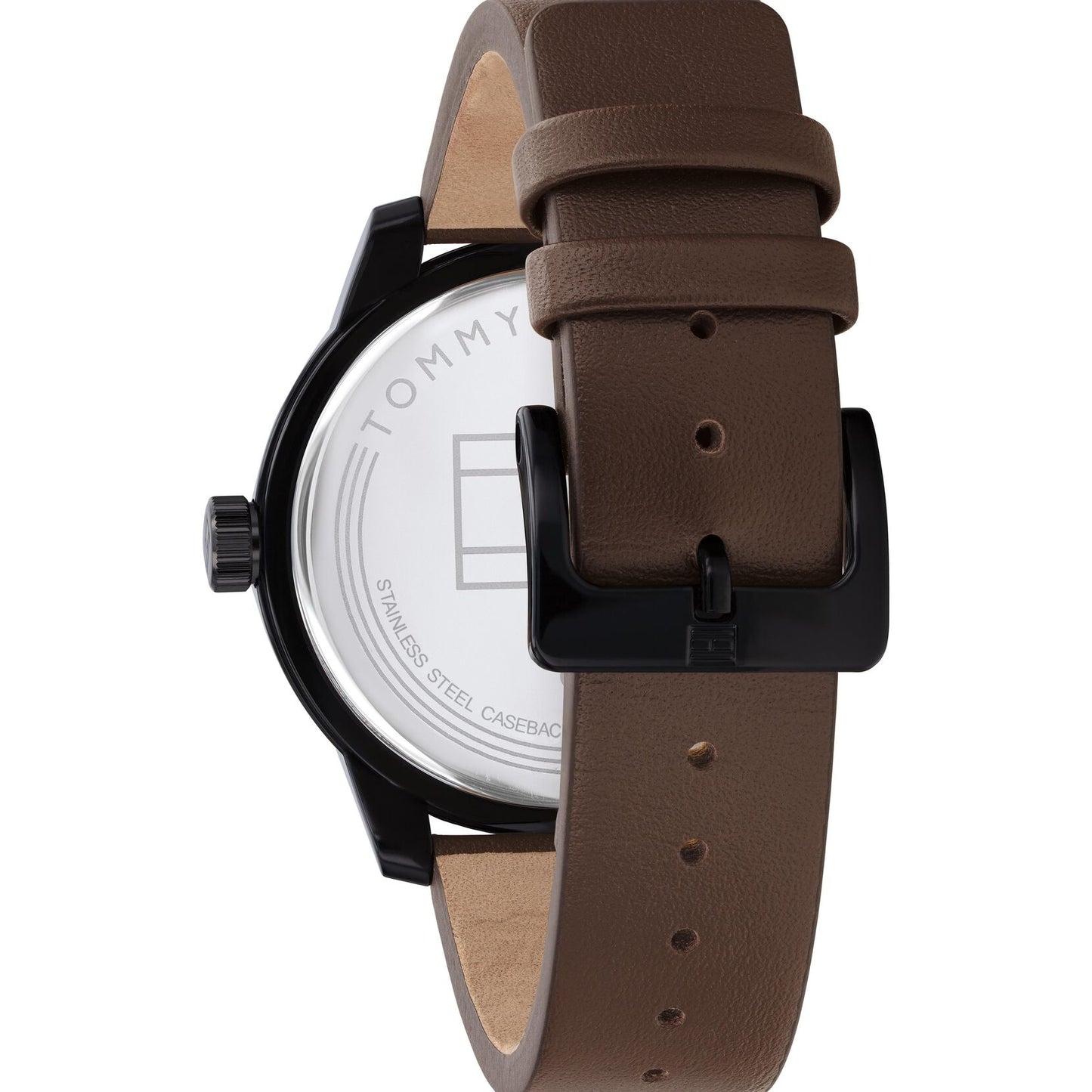 Relógio importado TOMMY HILFIGER masculino pulseira couro marrom com mostrador preto 44mm