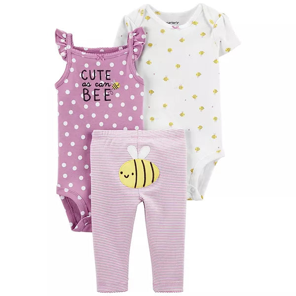 kit 3 pecas, body manga curta branco com abelhas, body alcinha lilás e calça lilás CARTER'S